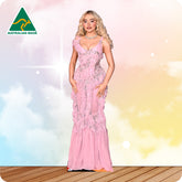 Woman in a pink evening gown on a gradient background with 'Australian Made' logo.